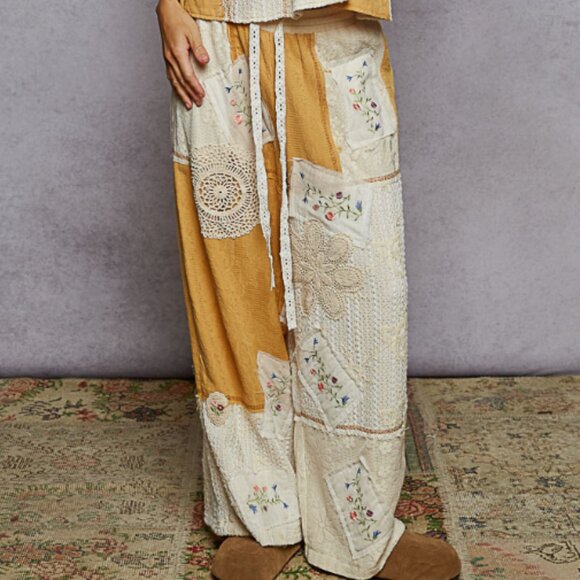 🔥🍫POL Vintage-Inspired Patchwork Cotton Pants – Boho Lace Honey Gold - Picture 9 of 16